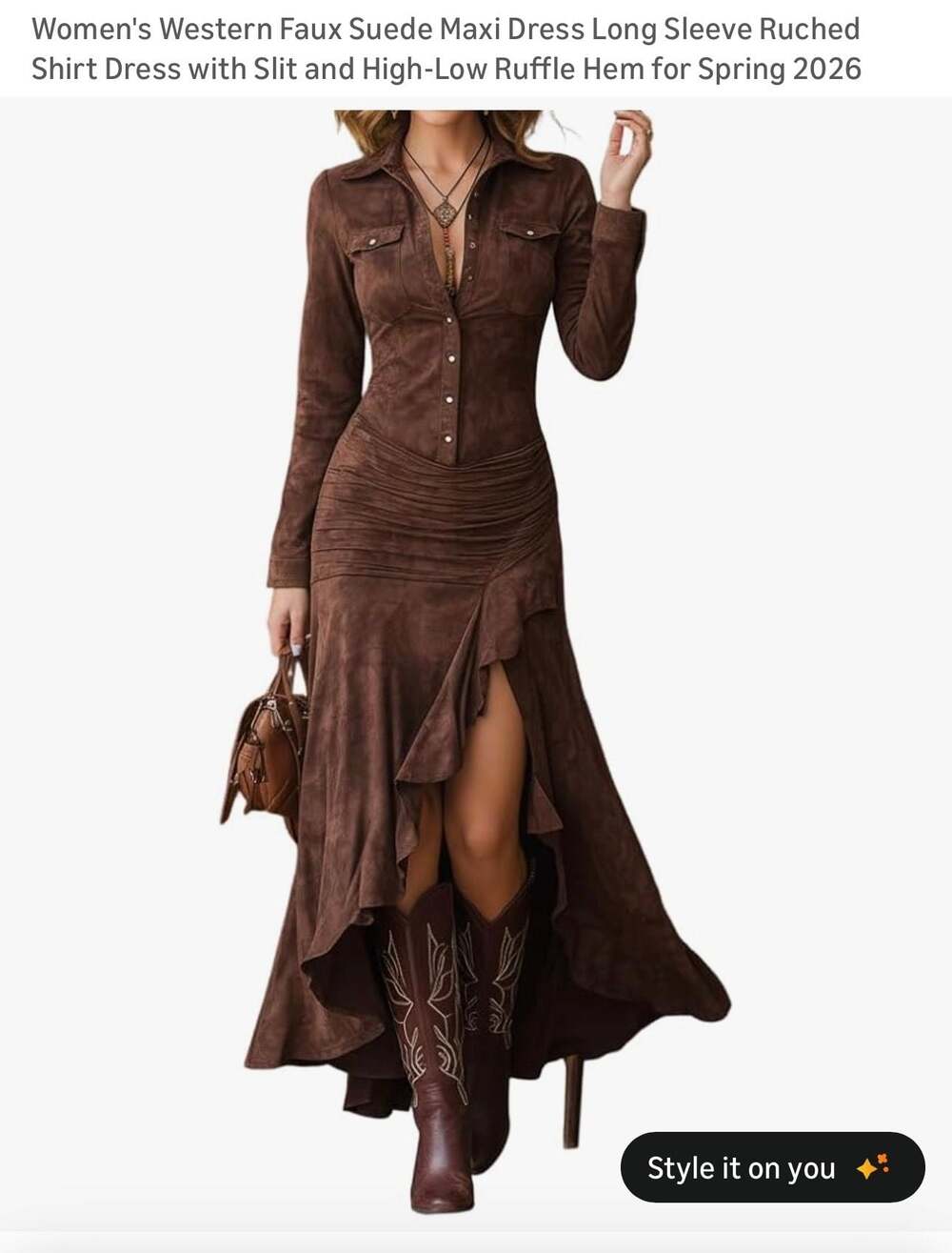 Women's Retro Brown Western Case Faux Suede Maxi Dress with Irregular Ruffle Hem